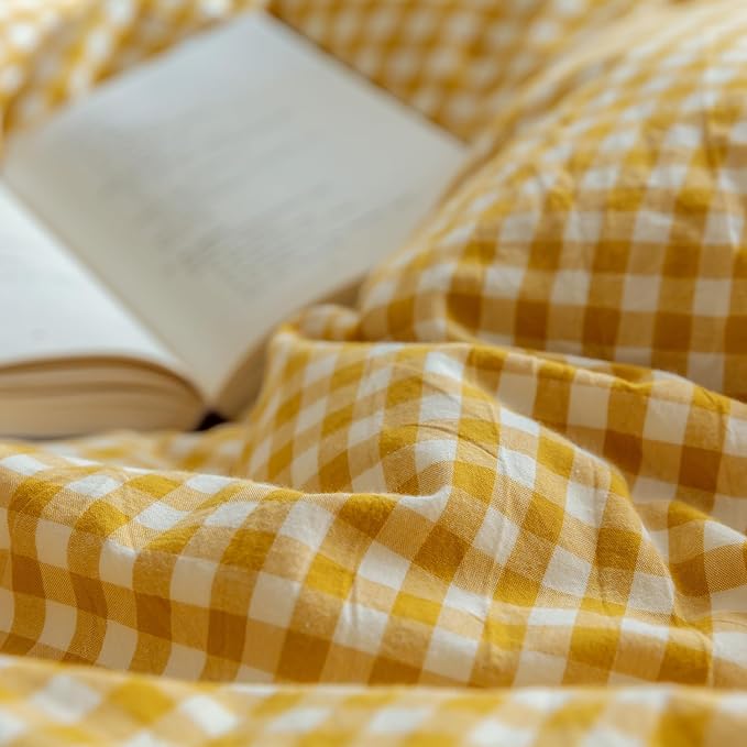 mixinni Yellow Gingham Comforter Set Queen, Plaid Comforter Set 3 Pieces 1 Yellow Grid Comfoter with 2 Pillow Cases for All Seasons, Soft Fluffy Modern Grid Pattern Printed Bedding-Queen Size