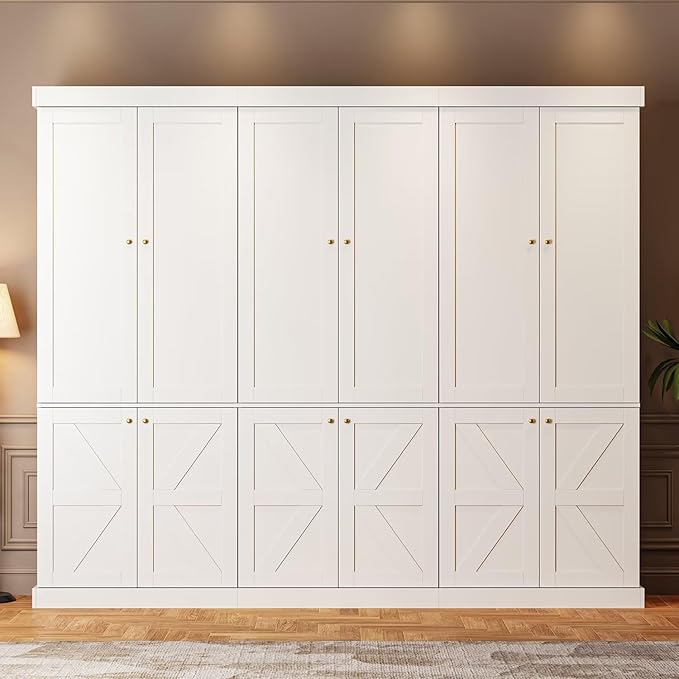 Vyre 70.8" Tall White Bookshelf with Doors, Farmhouse Modular Bookcase with 4-Tier Adjustable Shelves, Large Storage Cabinet for Home Office, Living Room, Set of 3