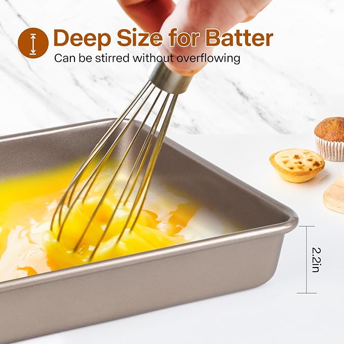 Deep Baking Pans Set, 3-Pieces Rectangle Cake Pan, Nonstick Roasting Pans Set for Thanksgiving Christmas, 9/11/13 Inch, Toaster Oven Tray Bakeware Set, Lasagna Pan Deep Size, Heavy Duty, Gold