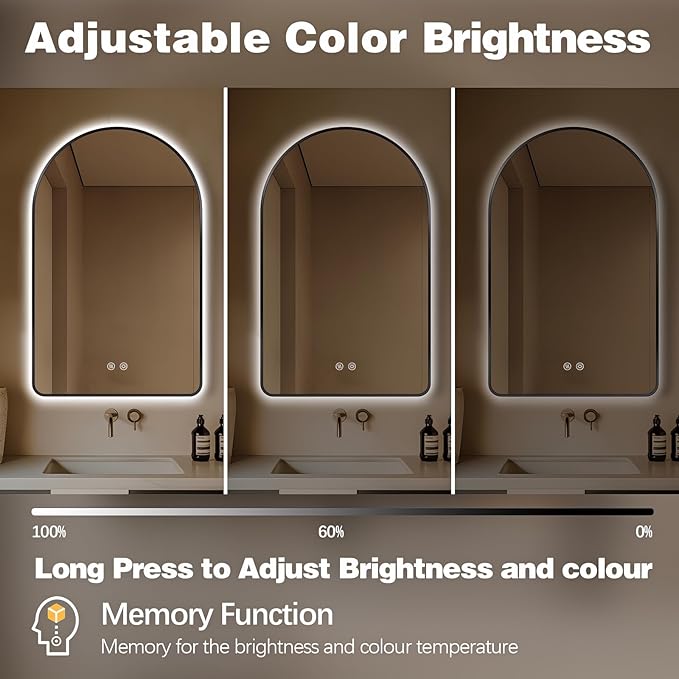 Niccy Arched LED Lighted Bathroom Mirror, 40x30 Inch Backlit Vanity Bathroom Mirror with Lights Brushed Black Framed Wall Mounted Mirrors with 3 Color Shatterproof Arch Smart Fog Free Mirror