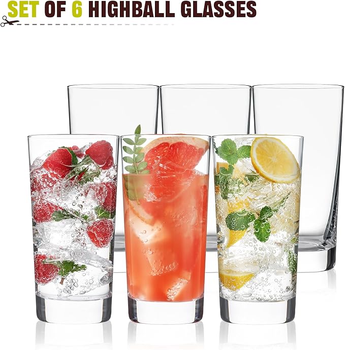 Highball Glasses Set of 6, 13oz Tall Drinking Glasses, Water Glass for Kitchen, Tom Collins Glasses, Mojito Glass Cups, Cocktail Glasses for Bar Glassware