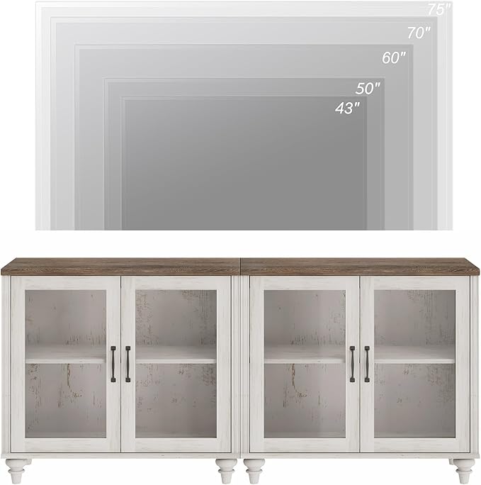 WAMPAT Farmhouse TV Stand for TVs Up to 75 inch, Glass Wooden Universal TV Stand with 2 Storage Cabinets, Entertainment Center, Console Table for Living Room, Bedroom, Rustic White