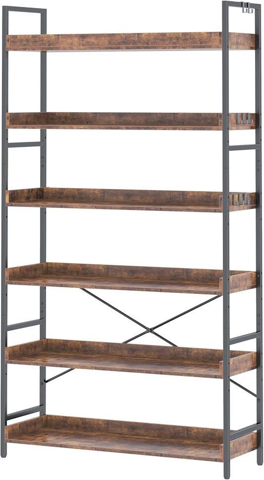 HCHQHS Bookshelf, Adjustable Industrial Bookcase, Vertical Tall Book Shelf, Wood and Black Metal Open Bookshelves for Home Office, Living Room, Bedroom (Rustic Brown, 6-Tier (31" W x 70" H))
