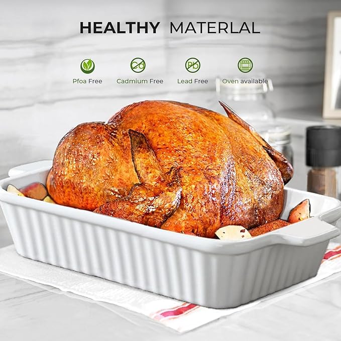 Ceramic Baking Dish Set (2-Piece) - 4.4QT & 1.8QT Rectangular Casserole Pans for Lasagna, Turkey, Cake - White Oven Safe Roaster Pans 13x9.5 & 12x7 Inch Dishwasher Safe