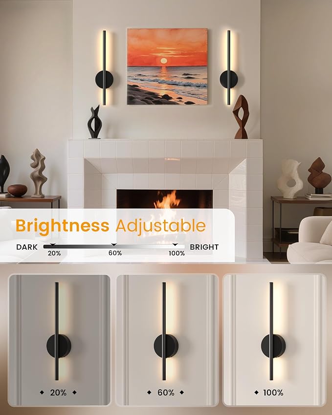 NIORSUN 15.7 Inch Battery Operated Wall Sconce Set of 2, Black Minimalism Rechargeable Wall Lights with Remote, 3CCT Dimmable Wireless Wall Lamp for Living Room Bedroom Hallway
