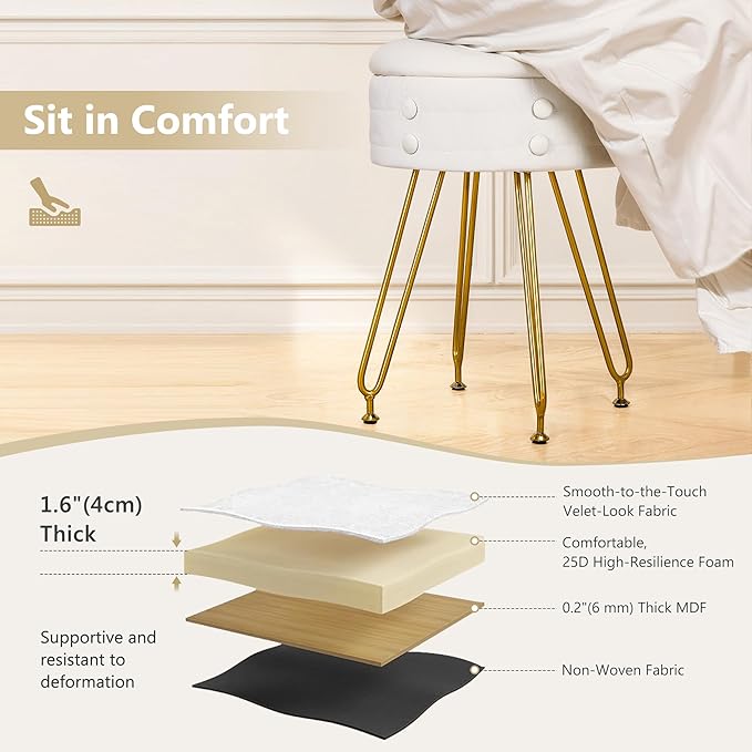 VECELO Round Vevlet Vanity Stool with Storage, 4 Metal Legs Vanity Seat with Anti-Slip Feet, Modern Vanity Chairs Footrest Furry Padded Seat, Space Saving, Easy to Clean for Makeup, Bedroom, White