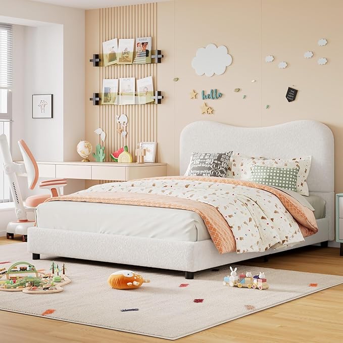 GarveeHome Twin Bed Frame for Kids with Velvet Upholstered Headboard, Cute Low Profile Platform Bed for Girls and Boys, No Box Spring Needed, Strong Wooden Slats, Noise Free, Easy Assembly, White