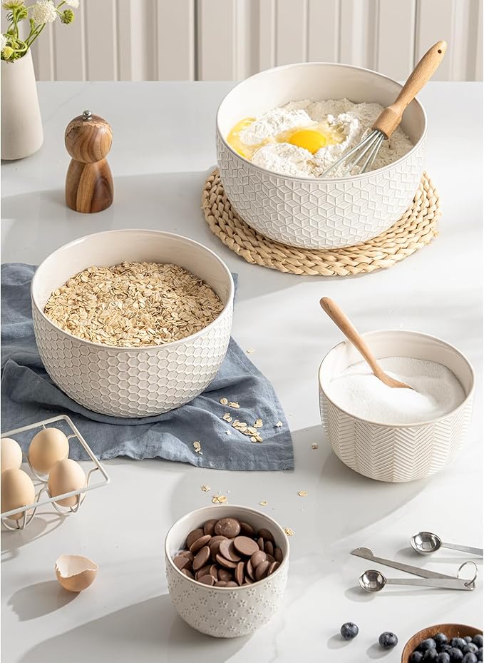 Ceramic Mixing Bowls, Embossed Nesting Bowls, Mixing Bowl Set of 4, Mixing Bowls for Cooking, Baking, Serving, Popcorn, Salad etc, Microwave and Dishwasher Safe, 20/47/99/148 oz, Off-White
