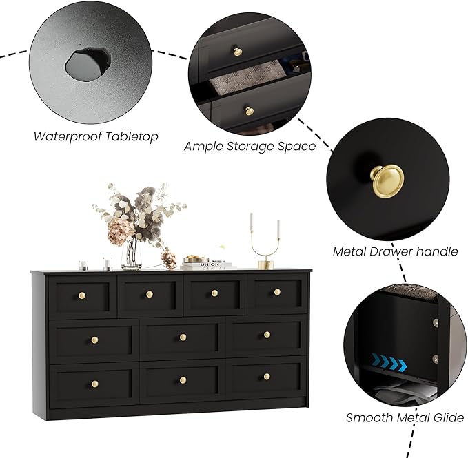 59.1" Wide Dressers & Chests of Drawers with Large Capacity Storage, Large Wooden Storage Organizer 10 Drawer Dresser for Bedroom（Black）