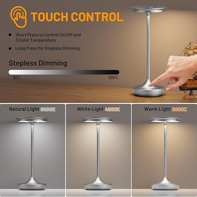 LED Cordless Table Lamp Rechargeable - Outdoor 6000mAh Battery Operated Portable Table Lights 3 Color Stepless Dimming Table Lamps with Memory Function for Patio Restaurant Dining Silver