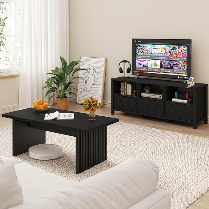 BON AUGURE Black Coffee Table, Modern Coffee Tables for Living Room, Wooden Center Table, Living Room Tables for Home, Office (Black Oak, 43Inch)