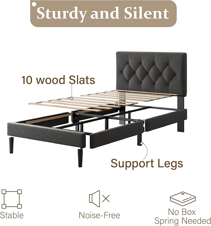 Twin Size Platform Bed Frame with Upholstered Headboard, Button Tufted Design, Strong Wooden Slats, No Box Spring Needed, Easy Assembly, Noise Free