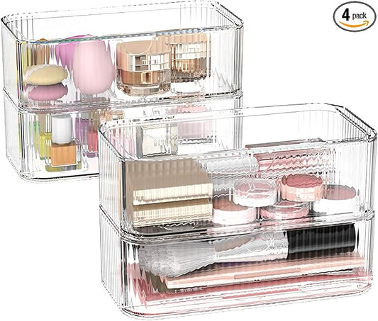 4 Pack Stackable Storage Drawers, Clear Acrylic Makeup Organizer for Vanity, Plastic Storage Bins, Multi-Purpose Cosmetic Display Organizers for Jewelry, Bathroom, Office, Pantry, Home Organization