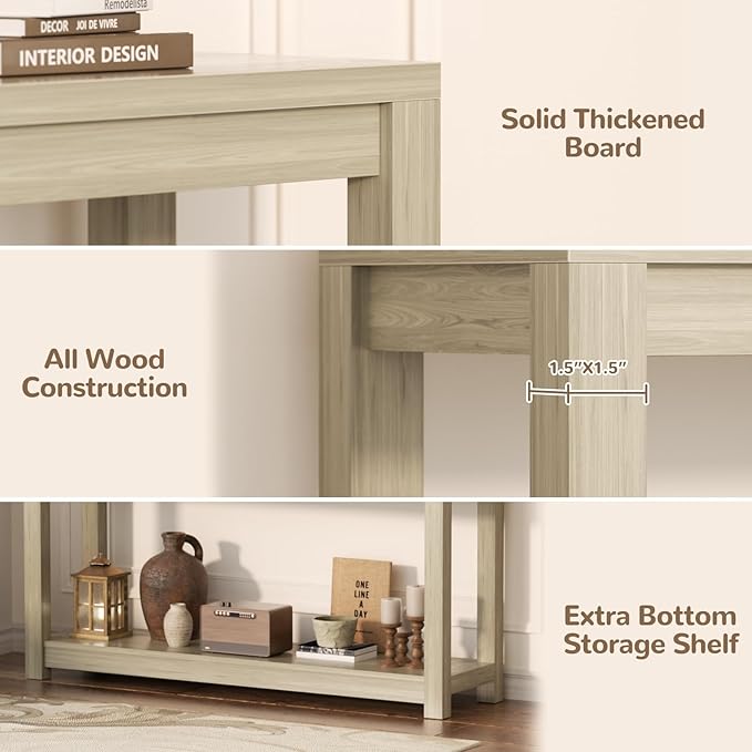 47" Farmhouse Wood Entryway Table Narrow Console Table with Storage Behind Couch Sofa Table with Shelves Entry Way Table with Open Storage, Easy Assembly, Classical Washed Oak
