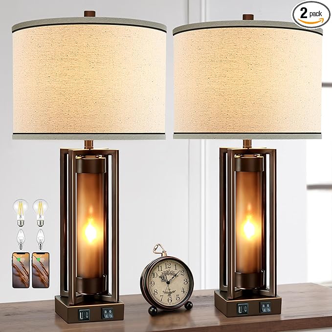 Rustic Table Lamps for Living Room Set of 2 with USB C+A Ports, Farmhouse Vintage Nightstand Lamp with Amber Night Light, Retro Desk Lamp for Bedroom, 4 Bulbs Included (Brown)