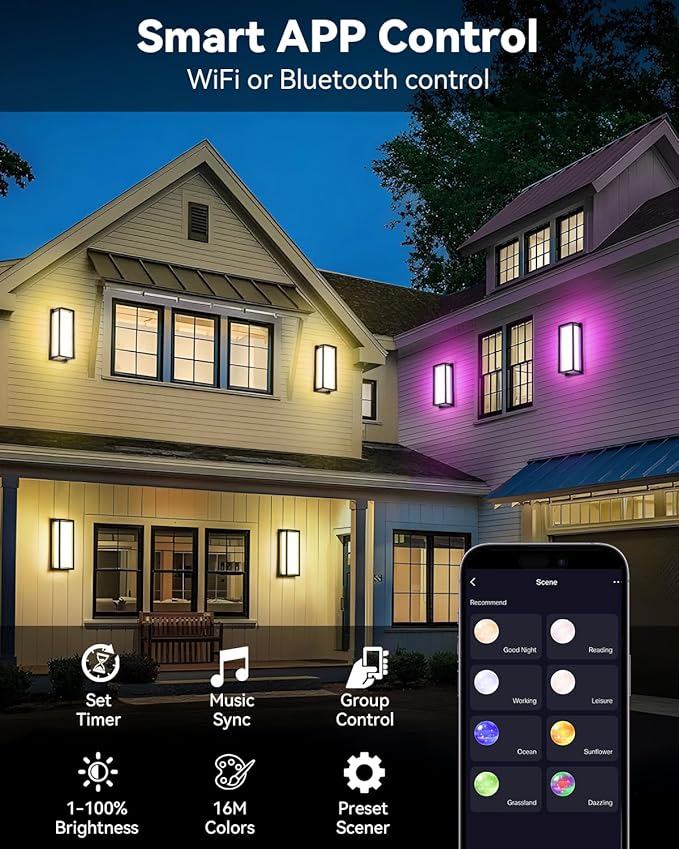 SHIMR Outdoor Wall Lights 2 Pack, 1500LM Smart Porch Lights RGBCW Exterior Light Fixture, Wi-Fi Control Color Changing Outdoor Lights IP65 Waterproof, Works with Alexa Google Assistant [ETL Listed]