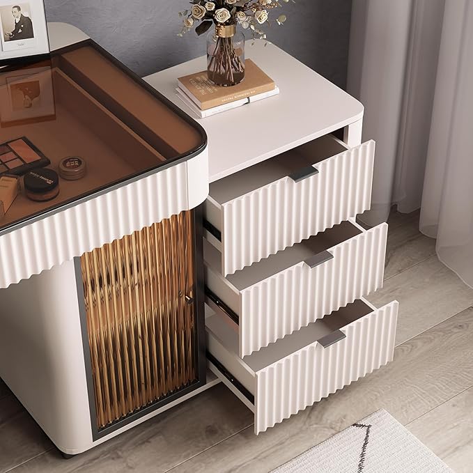 Larits Makeup Vanity, Very Easy to Assemble，Dressing Table Desk in one, Super Storage, with LED Light Vanity Mirror with ash Full Solid Wood upholstered Vanity Stool (Ivory White, 47 in)