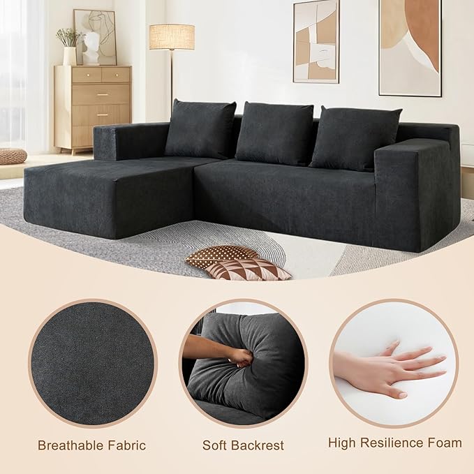 103" Cloud Sectional Sofa, Boneless L-Shape Couch with Chaise, Modern Minimalist Modular Couch for Living Room, Free Combination Deep Seat Corner, No Assembly Required, Dark Grey