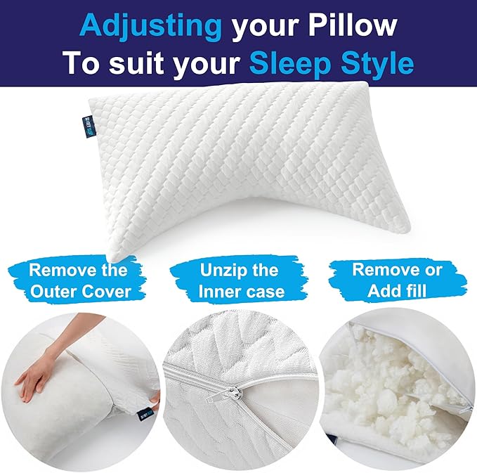 Sidney Sleep Set of 2 Queen Size Bed Pillows for Side and Back Sleepers - Adjustable Filling - Memory Foam Pillows for Neck and Shoulder Pain - Customizable Loft - Extra Foam Included (White)