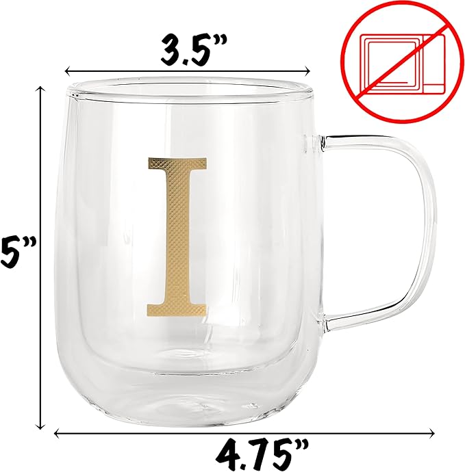 COLLECTIVE HOME - Double Walled Glass Coffee Mugs, Insulated Coffee Mug with Handle, Personalized Gifts for Women, Men, Christmas, 14 oz Monogram Cups (I)