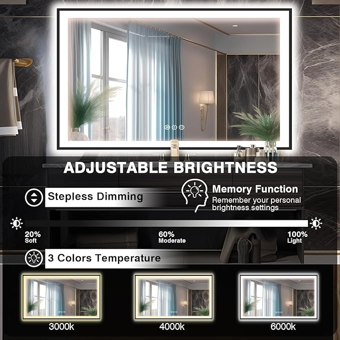 60x40 LED Mirror for Bathroom - Matte Black Framed (Front and Backlit), Anti-Fog Vanity Mirror with Lights,Stepless Dimmable Lit Mirror,3 Colors Smart(Horizontal/Vertical)