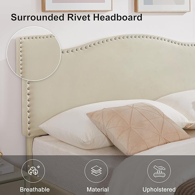 VECELO Twin Bed Frame Platform Bed Frame with Upholstered Headboard, Strong Frame and Wooden Slats Support, Strong Weight Capacity, Non-Slip and Noise-Free, Easy Assembly,Beige