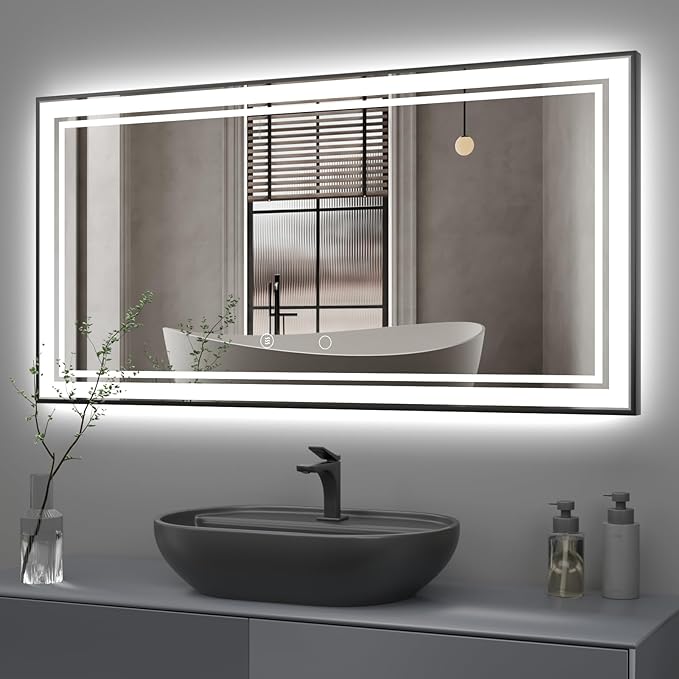 72" x 36" LED Bathroom Mirror with Lights Framed LED Mirror for Bathroom Backlit and Front Lighted Bathroom Mirror Black Square Aluminum Frame Anti-Fog Dimmable Adjustable Shatter-Proof