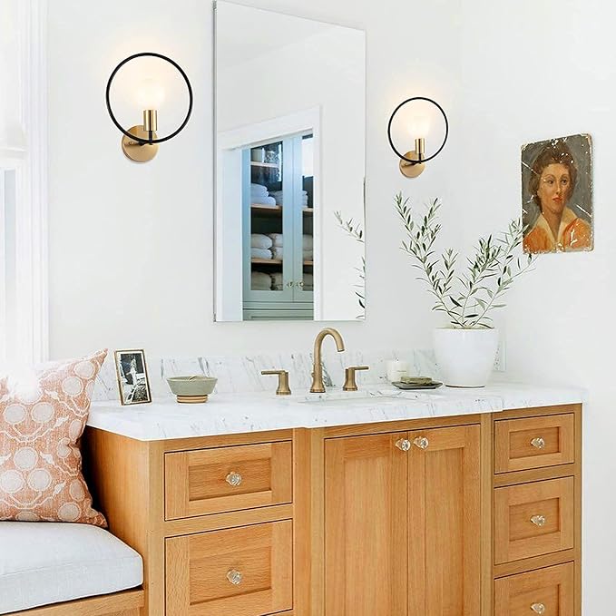 Classy Bathroom Wall Sconce Set of 2 Gold & Black Vanity Industrial Wall Lamp Pole Wall Mount Lighting Fixture