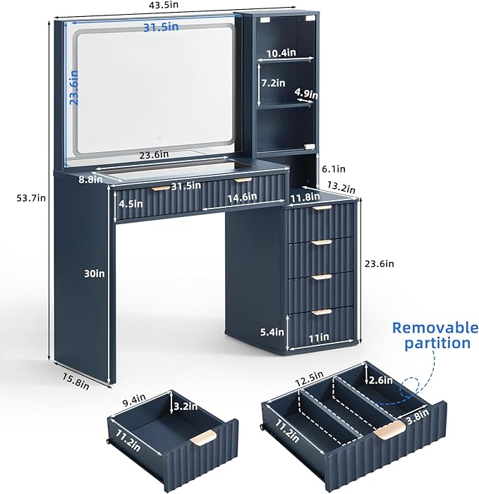 LEYAOYAO Vanity Desk with Mirror and Lights, 43.5'' Fluted Makeup Vanity with 6 Drawers and Adjustable Shelves, Navy Blue Make Up Vanity Wood Dressing Table with Glass Top and Power Outlet for Bedroom
