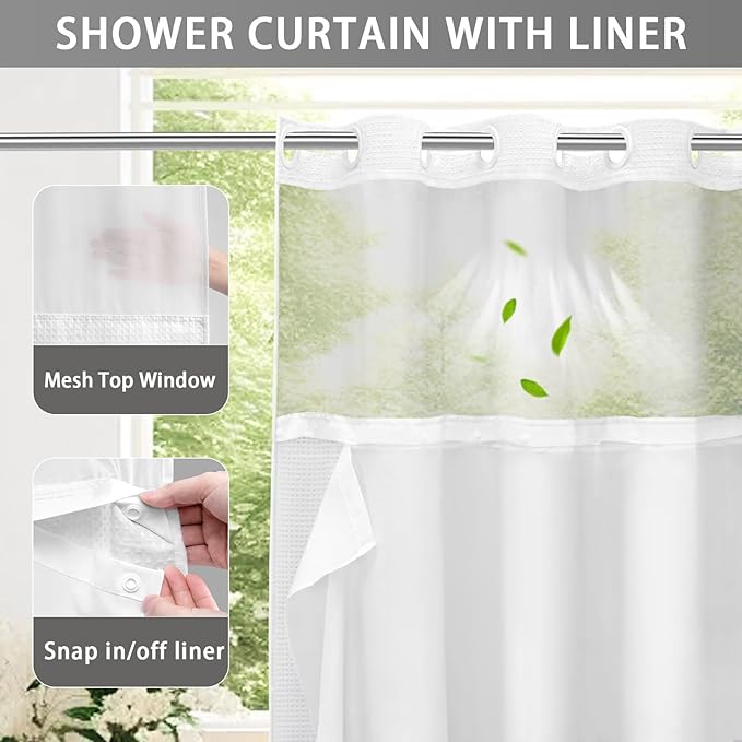 YellyHommy No Hook Shower Curtain with Snap in Fabric Liner Set Less Time White Waffle Shower Curtain for Bathroom 87" L x 72" W