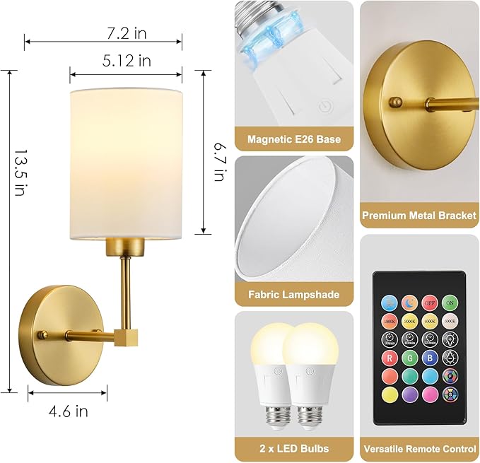 Battery Operated Wall Sconce Set of Two,Wireless Rechargeable Wall Light With Remote Control, Dimmable, 1800K/3000K/4000K/6000K/RGB, Timer, for Living Room, Bedroom, Fireplace, TV, 13.5 Inch, Gold