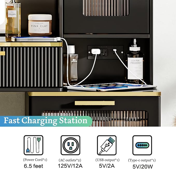 Vanity Desk with 29.53" HD Lighted Mirror, 47.24" Big Modern Vanity Desk with Mirror and Lights, Makeup Vanity with 5 Drawers and Storage Shelves and Charging Station, Black