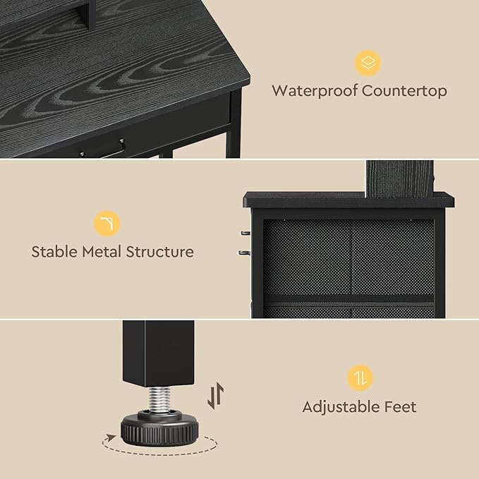 Makeup Vanity Desk with Mirror and Lights, Small Vanity with Fabric Storage Drawer & Chair & Shelves,Black Compact Makeup Vanity Set for Bedroom