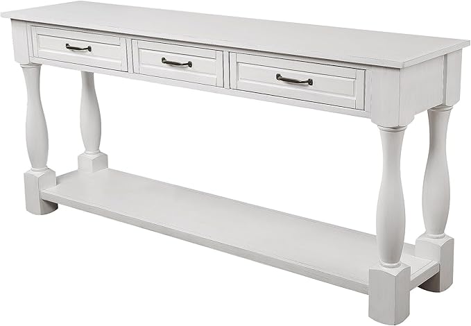 63inch Solid Wood Console Table with 3 Drawers and 1 Bottom Shelf Extra-Thick Sofa Table(Antique White)