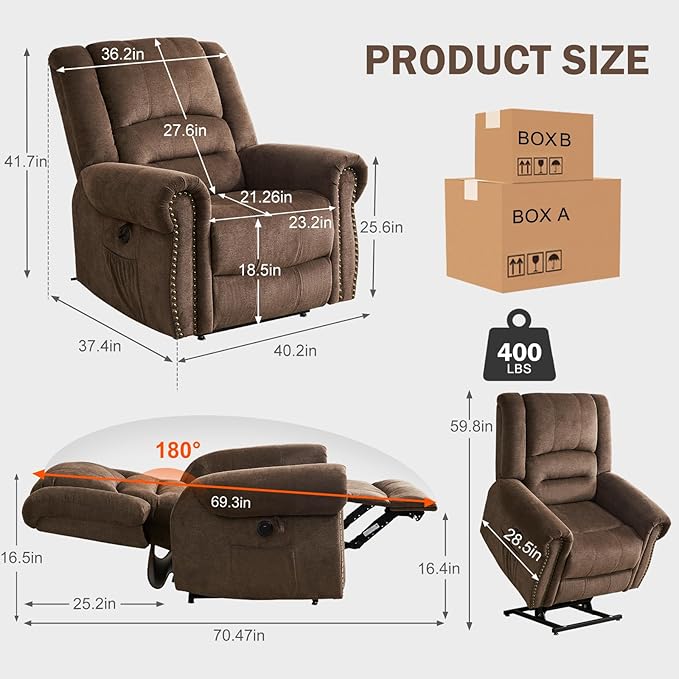 CDCASA Dual Motor Lay Flat Lift Chairs Recliners for Elderly with Massage and Heat, Upgraded Chenille Infinite Position Large Sleeping Electric Power Lift Chair Recliner for Seniors, Brown