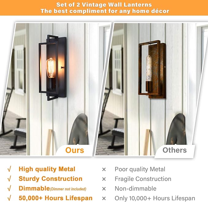 Industrial Wall Sconces Set of 2, Vintage Light Fixture Large, E26 Base, Matte Black Metal Wall Mount Lamp, Modern Indoor Lighting Hardwired