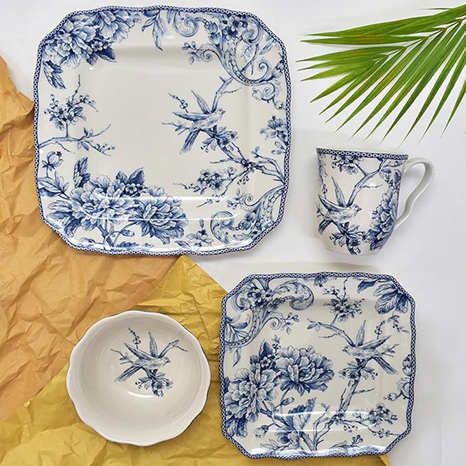 222 Fifth Adelaide 16-Piece Square Floral Dinnerware Set – Service for 4, Blue & White Porcelain Plates & Bowls, for Everyday Dining & Entertainment, Microwave & Dishwasher Safe, Chip Resistant