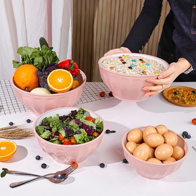 BoxedHome Mixing Bowls with Lids Set, 4PK Large 0.2” Thick Plastic Nesting Mixing Bowl, Microwave Safe,Size 1.37,2.32,3.8 and 5.07qt, Pink