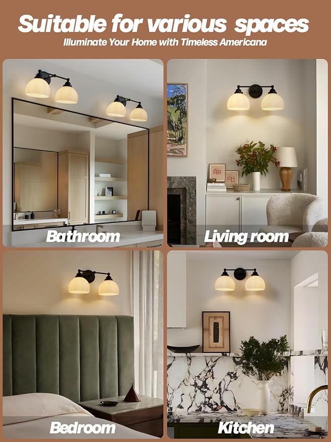 2-Lights Milk White Glass Wall Sconce Lighting Brass Finished, Double Arm Bathroom Vanity Light Fixture for Bedroom Living Room Dining Room Hallway