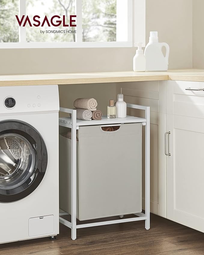 VASAGLE Laundry Hamper, Laundry Basket, Laundry Sorter with A Pull-Out and Removable Bag, Shelf, Metal Frame, 17.2 Gallons (65 L), 19.7 x 13 x 28.4 Inches, White UBLH101W01