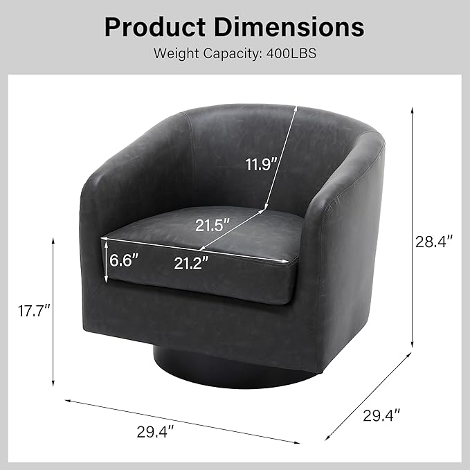 Swivel Barrel Chair, Modern Round PU Leather Accent Armchair for Living Room, Bedroom, Oversized Comfy Club Reading Chairs for Adults (Leather Black Grey, Set of 1)