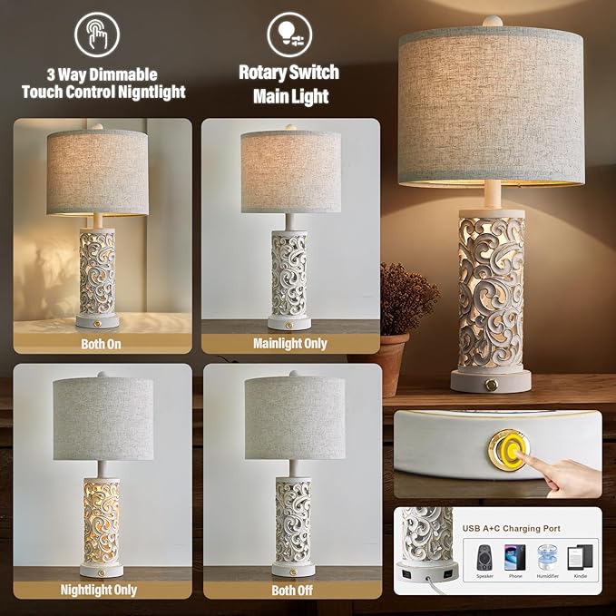 OYEARS 3-Way Dimmable 22'' Table Lamp Set of 2 for Living Room Bedroom Farmhouse Vintage Retro Bedside Lamps Touch Control with USB Ports Linen Shade for Home Office (Wash White, Bulb Included)