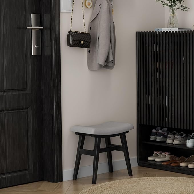 Solid Wood Small Vanity Stool, Compact Makeup Chair with Saddle Cushion, Linen-Covered High Rebound Sponge Seat, Easy Assembly Footstool for Bedroom, Entryway, Home, Black