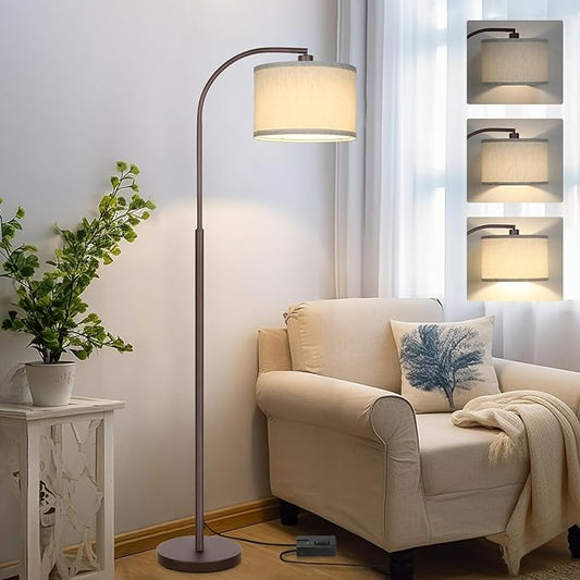 Boncoo Dimmable Floor Lamp, Standing Lamp with Stepless Dimmer, Brown Floor Lamp with Adjustable Linen Beige Shade for Living Room Study Room Office, 9W 3000K Bulb Included