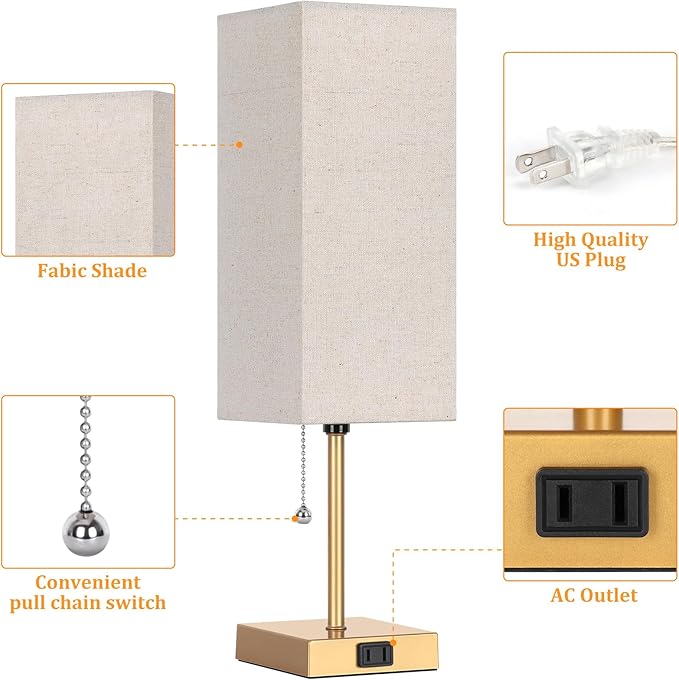 Table Lamp for Bedroom set of 2,3-Color Bedside Lamps with Pull Chain Table Lamps for Nightstand with AC Outlets,18'' Night Light Lamps with 2 Bulbs Lamps for Living Room Kids Office Decor（Glod）