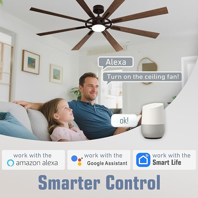 60 Inch Smart Ceiling Fan, Walnut Indoor/Outdoor Ceiling Fans with Lights and Remote, Compatible with Alexa/Google/App, 3CCT Dimmable 6 Speeds Timing for Living Room Bedroom Patio
