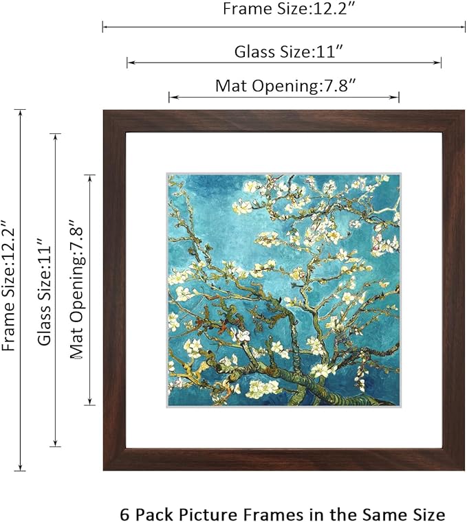11x11 Picture Frame Set of 6 with Real Glass for Pictures 8x8 with Mat or 11x11 Without Mat, Wall Gallery or Tabletop display Photo Frames in Walnut