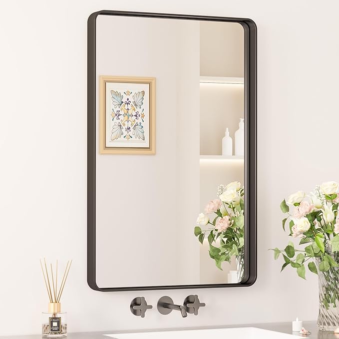 Keonjinn Black Bathroom Mirror, 20 x 30 Inch Rounded Rectangle Matte Black Bathroom Mirrors for Over Sink, Farmhouse Mirror with Seamless Frame, HD Tempered Glass Vanity Mirror(Horizontal/Vertical)
