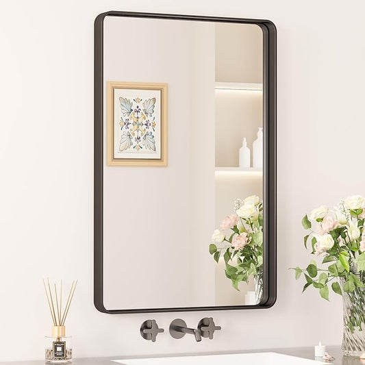 Keonjinn Black Bathroom Mirror, 20 x 30 Inch Rounded Rectangle Matte Black Bathroom Mirrors for Over Sink, Farmhouse Mirror with Seamless Frame, HD Tempered Glass Vanity Mirror(Horizontal/Vertical)