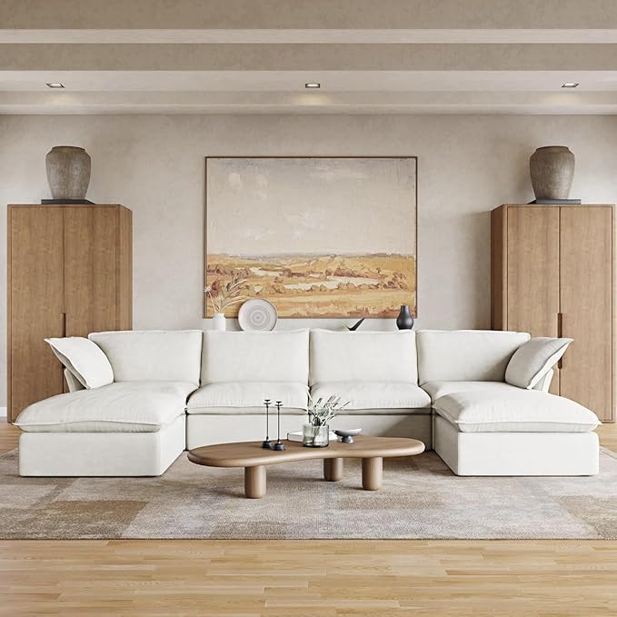 JACH U-Shaped White Cloud Sectional Couches, Deep 6-Seats Convertible Couch, Modular Sofa with Chaise Ottomans, Sofas Furniture for Living Room Bedroom Office Apartment (White)